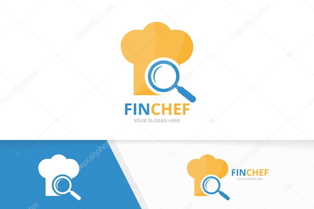 Vector chef hat and loupe logo combination. Kitchen and magnifying symbol or icon. Unique cook and search logotype design template.
