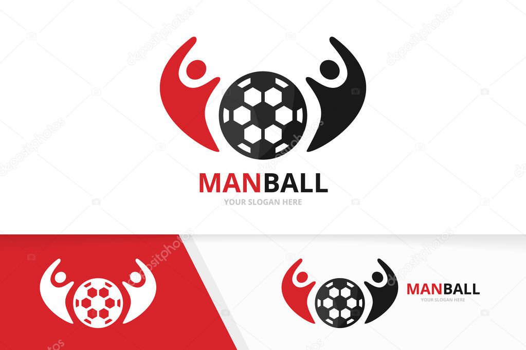 Vector soccer and people logo combination. Ball and family symbol or icon. Unique football and union, help, connect, team logotype design template.