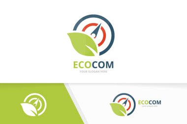 Vektör pusula ve yaprak logo bileşimi. Gezinti ve eko simge veya simge. Benzersiz seyahat ve organik logo tasarım şablonu.