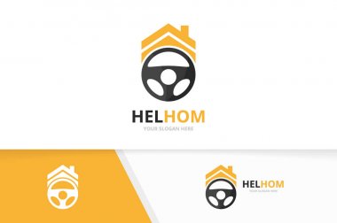 Vektör araba dümen ve Emlak logosu bileşimi. Direksiyon simidi ve ev simge veya simge. Benzersiz dümen ve kira logo tasarım şablonu.