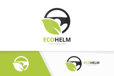 Vektör araba dümen ve yaprak logo bileşimi. Direksiyon simidi ve eko simge veya simge. Benzersiz dümen ve organik logo tasarım şablonu.