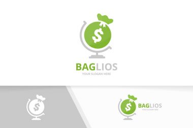 Vektör çanta ve küre logo bileşimi. Çuval gezegen simge veya simge. Benzersiz para logo tasarım şablonu.