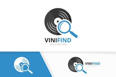 Vektör vinil ve Büyüteç logo bileşimi. Kayıt ve simge veya simge büyütme. Eşsiz müzik albüm ve arama logo tasarım şablonu.