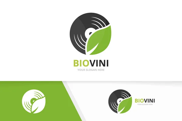 Vector vinyl en blad logo-combinatie. Record en eco-symbool of pictogram. Unieke muziekalbum en biologische logo ontwerpsjabloon. — Stockvector