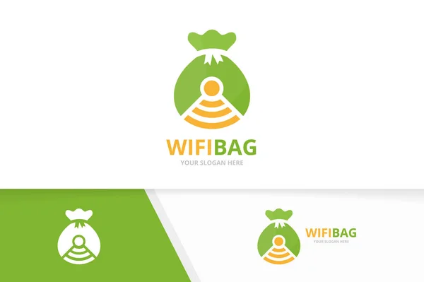 Vector väska och wifi logotyp kombination. Säck och signal symbol eller ikon. Unika pengar och radio, internet logotype designmall. — Stock vektor