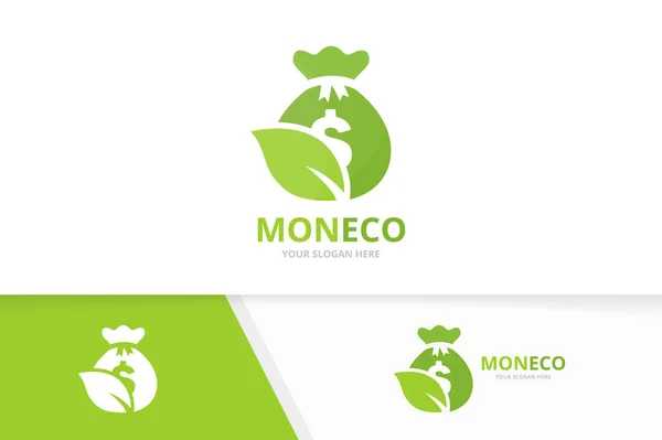 Vector tas en blad logo-combinatie. Sack en eco-symbool of pictogram. Unieke geld en biologische logo ontwerpsjabloon. — Stockvector