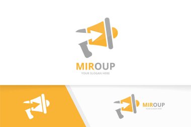 Vektör megafon ve logo birlikte yukarı ok. Megafon ve büyüme simge veya simge. Benzersiz duyuru ve upload logo tasarım şablonu