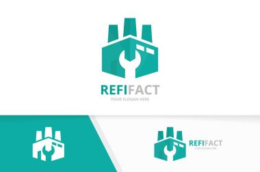 Vektör fabrika logo bileşimi. Sanayi ve onarım simge veya simge. Benzersiz üretim ve düzeltme logo tasarım şablonu.