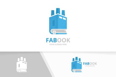 Vektör kitap ve fabrika logo bileşimi. Endüstrideki ve pazardaki simge veya simge. Benzersiz Kitabevi, Kütüphane ve üretim logo tasarım şablonu.