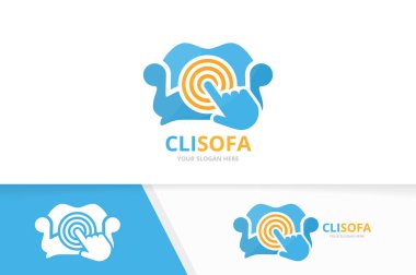 Kanepe vektör ve logo bileşimini tıklatın. Kanepe ve imleç simge veya simge. Benzersiz koltuk ve dijital logo tasarım şablonu.