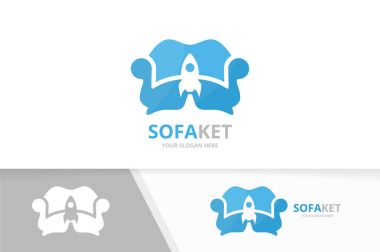 Vektör kanepe ve roket logo bileşimi. Kanepe ve uçak simge veya simge. Benzersiz koltuk ve uçuş logo tasarım şablonu.