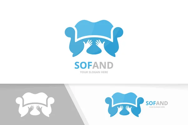 Vector sofa en handen logo-combinatie. Bank en omarmen symbool of pictogram. Unieke fauteuil en team, vriendschap logo ontwerpsjabloon. — Stockvector