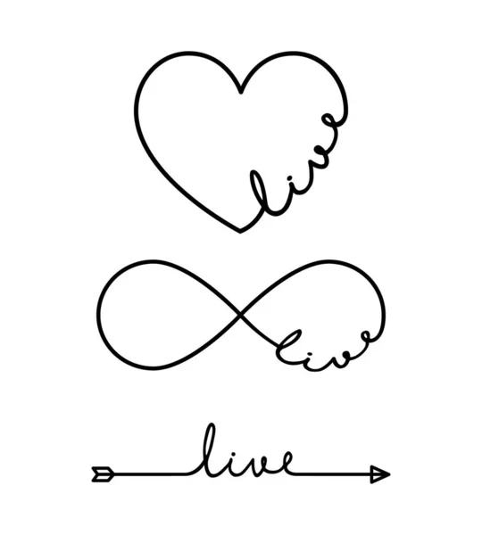 Live - słowo z symbolem nieskończoności, ręcznie rysowane serce, jedna czarna linia strzałek. Minimalistyczny rysunek ilustracji frazy — Wektor stockowy