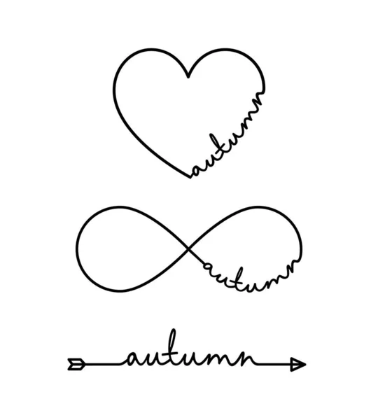 Autumn - word with infinity symbol, hand drawn heart, one black arrow line. Minimalistic drawing of phrase illustration — Stock Vector