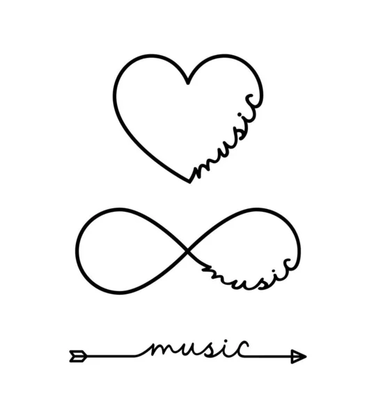 Musica - parola con simbolo d'infinito, cuore disegnato a mano, una linea di freccia nera. Disegno minimalista dell'illustrazione della frase — Vettoriale Stock