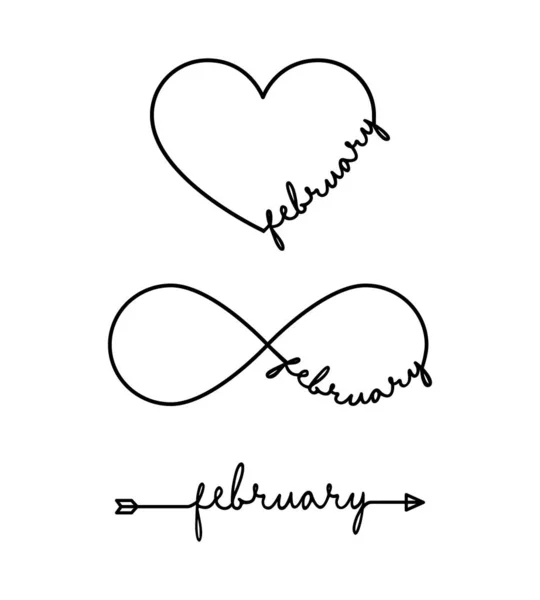 February - word with infinity symbol, hand drawn heart, one black arrow line. Minimalistic drawing of phrase illustration — Stock Vector