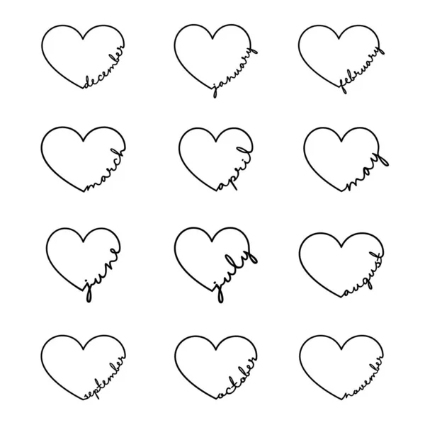 몇 달 - 손으로 뽑은 심장 필도 단어. 문자 그대로 의 상징적 인 삽화. 1 월, 2 월, 3 월, 4 월은 6 월, 7 월, 8 월, 9 월, 10 월, 11 월, 12 월이다.. — 스톡 벡터