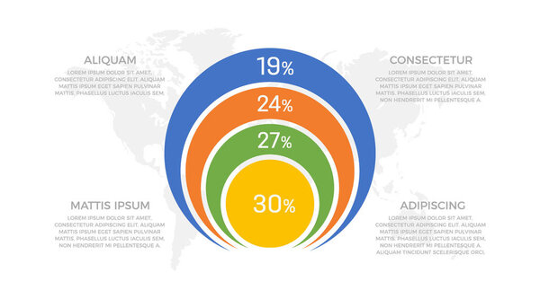 Set of green, yellow, orange and blue elements for infographic with world map presentation slides.