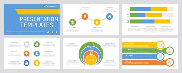 Zestaw elementów żółtych, zielonych, niebieskich i pomarańczowych do wielofunkcyjnych prowadnic szablonów prezentacji z wykresami i wykresami. — Wektor stockowy