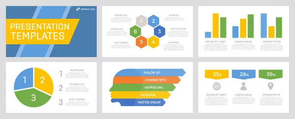 Set di elementi gialli, verdi, arancioni e blu per diapositive modello di presentazione multiuso con grafici e grafici . — Vettoriale Stock