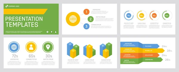 Set of blue, yellow, orange and green elements for multipurpose presentation template slides with graphs and charts. — Stock Vector