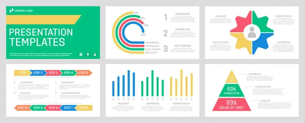 グラフとチャート付きの多目的プレゼンテーションテンプレートスライド用の赤と緑、青、黄色の要素のセット. — ストックベクタ