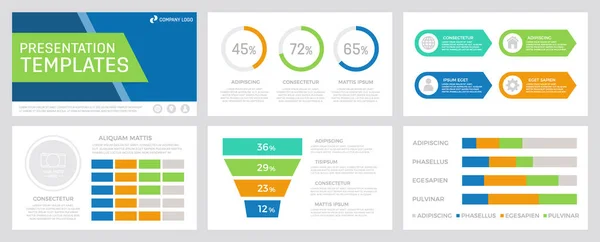 Zestaw turkusowych, zielonych, pomarańczowych i niebieskich elementów do wielofunkcyjnych prowadnic szablonów prezentacji z wykresami i wykresami. — Wektor stockowy