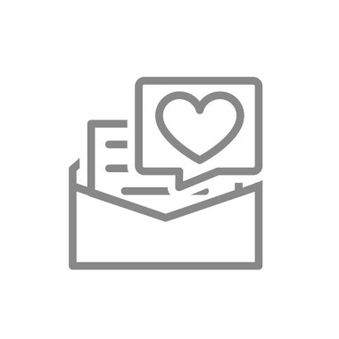 Letter with big heart line icon. Declaration of love, note in envelope, like, feedback symbol