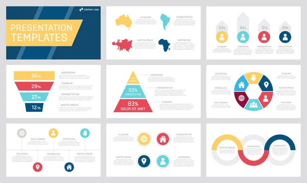 Set of yellow, dark blue, red and claret elements for multipurpose presentation template slides with graphs and charts. — Διανυσματικό Αρχείο