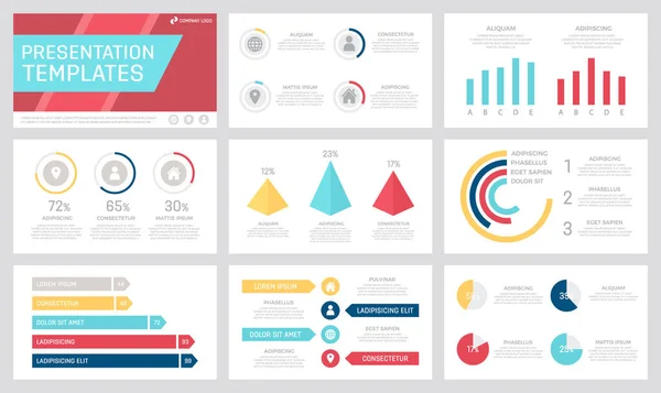 Set of grey, yellow, blue and red elements for multipurpose presentation template slides with graphs and charts. — Stockvektor