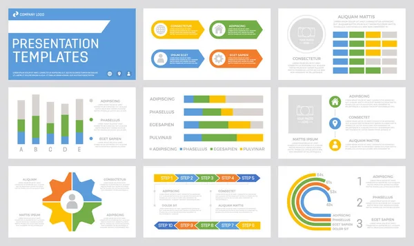 Set of yellow and blue, green, orange elements for multipurpose presentation template slides with graphs and charts. — ストックベクタ