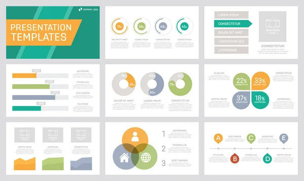 Set of orange, red, green, turquoise and grey elements for multipurpose presentation template slides with graphs and charts. — Stock vektor