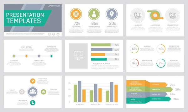 Set of orange, green, grey and turquoise elements for multipurpose presentation template slides with graphs and charts. — Stockvektor