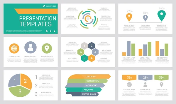 Set of orange, green, grey, blue and turquoise elements for multipurpose presentation template slides with graphs and charts. — Stockvector
