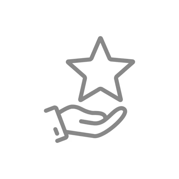 La mano sostiene la estrella en el icono de la línea de palma. Caridad, añadir a favoritos, opinión del cliente, símbolo de calificación — Vector de stock