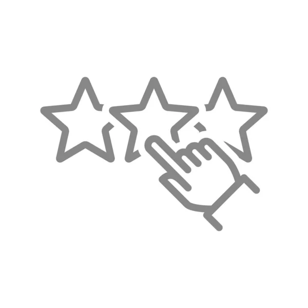 Human chooses a three stars rating line icon. Positive customer review, add to favorites, quality control symbol — Stock Vector