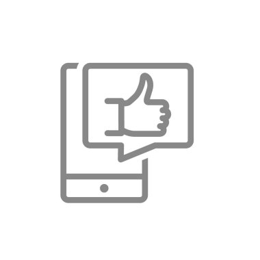 Konuşma baloncuğu simgesinde başparmağı yukarıda olan akıllı telefon. Müşteri incelemesi, geri bildirim, ileti sembolü