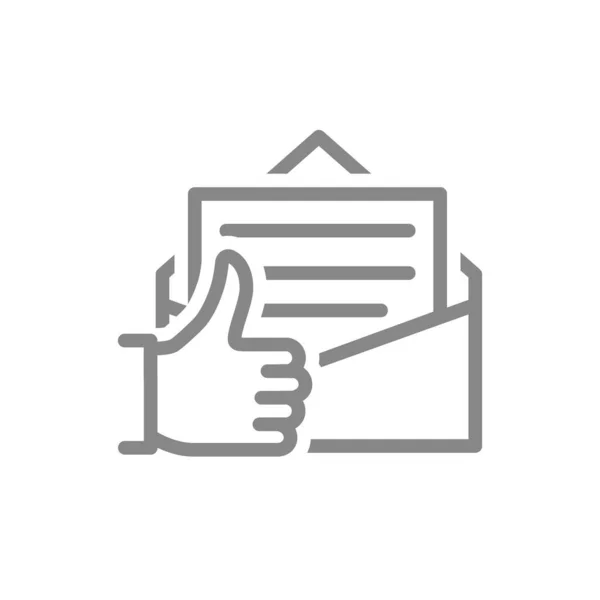 Carta com polegar para cima ícone de linha. Feedback do cliente, revisão de e-mail, símbolo de mensagem online — Vetor de Stock