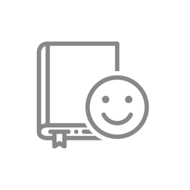 Mutlu yüz çizgisi ikonu olan bir kitap. İyi edebiyat, en iyi seçim, olumlu geri bildirim sembolü