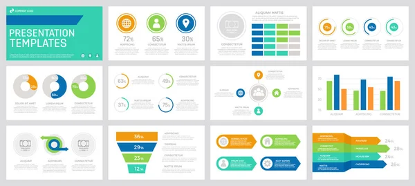 Set of orange, green, turquoise and blue elements for multipurpose presentation template slides with graphs and charts. — Stock Vector