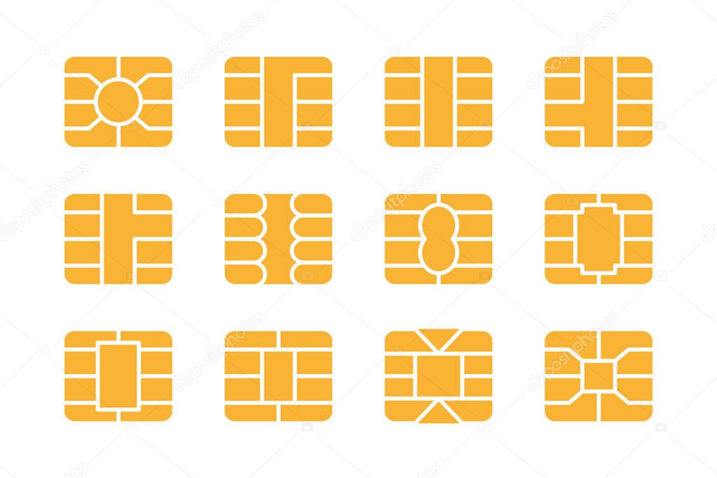 EMV chip icon set. Nfc chip for credit card security. Digital bank payment symbol.