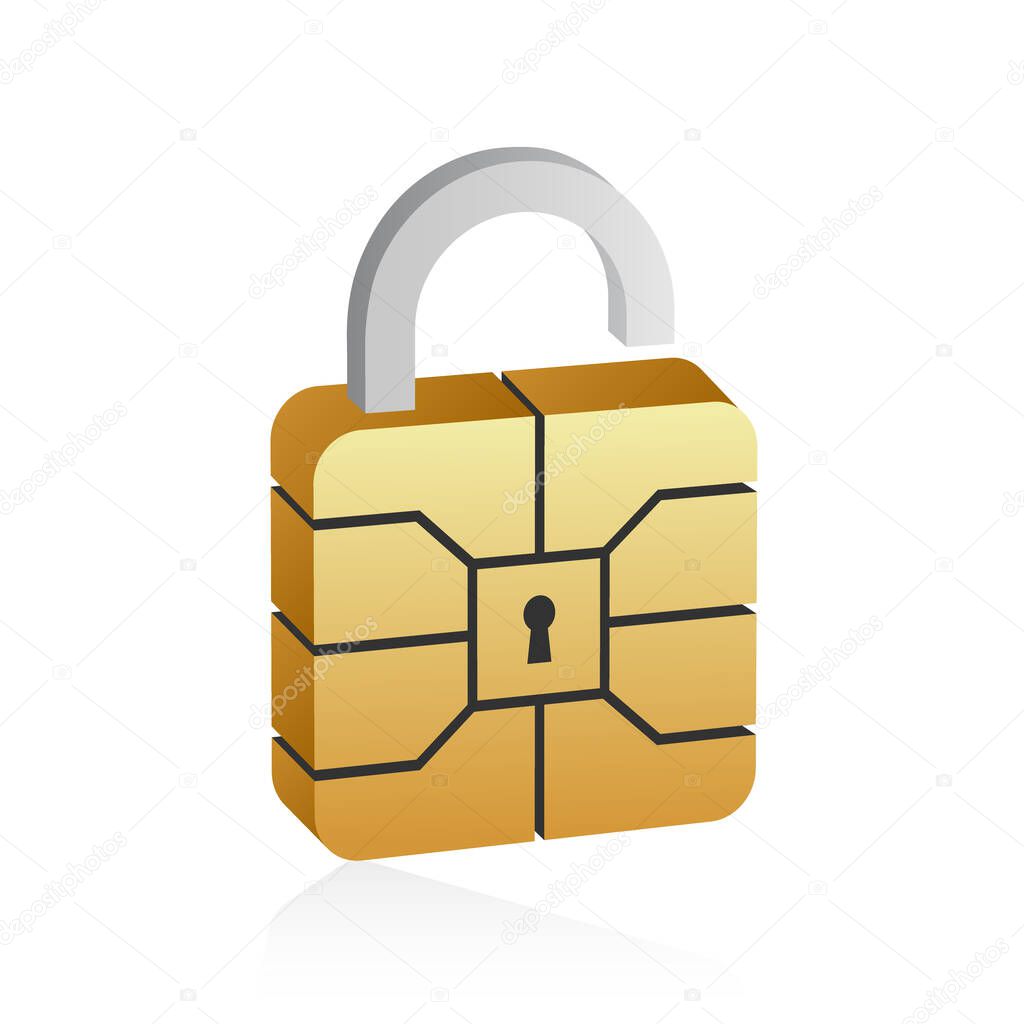 Golden EMV microchip in 3d style. Secure contactless banking payment.