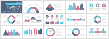Grafik ve grafiklerle sunum şablonları için turkuaz, gri, pembe, mavi ve mor elementler kümesi.