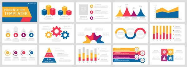 Sada žlutých, růžových, fialových a modrých prvků pro víceúčelové prezentační diapozitivy s grafy a grafy. — Stockový vektor