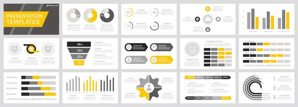 グラフとチャート付きの多目的プレゼンテーションテンプレートスライド用の黄色、灰色、黒の要素のセット. — ストックベクタ