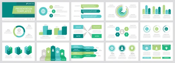 Set aus grauen und grünen, türkisfarbenen und blauen Elementen für Dias mit Diagrammen und Diagrammen. — Stockvektor