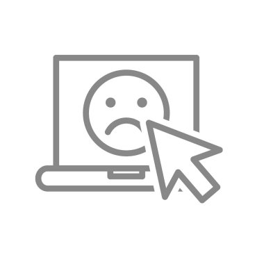 Hüzünlü yüz çizgisi simgesi olan dizüstü bilgisayar. Müşteri memnuniyetsizliği, olumsuz geri bildirim sembolü