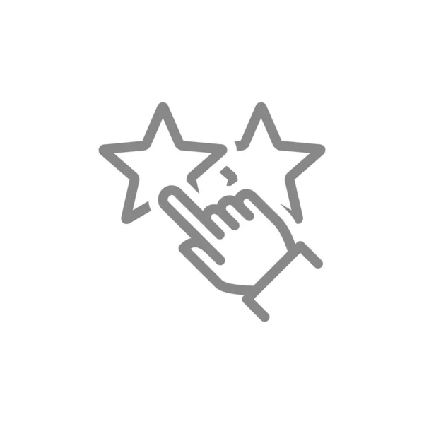 La mano elige el icono de la línea de clasificación de estrellas. Revisión de clientes, control de calidad, añadir a favoritos símbolo — Vector de stock
