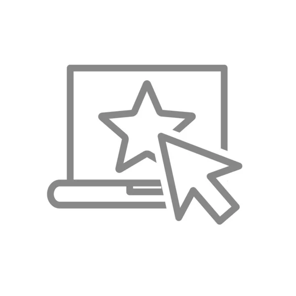 Laptop con estrella y cursor icono de la línea de flecha. Añadir a favoritos, símbolo de retroalimentación positiva — Vector de stock
