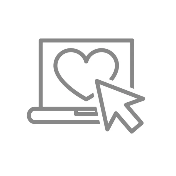 Laptop con corazón y cursor icono de la línea de flecha. Satisfacción del cliente, símbolo de feedback positivo — Vector de stock